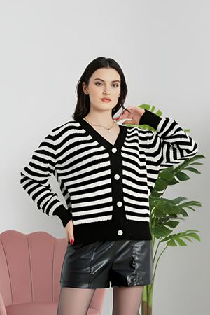 V Yaka Çizgili Hırka Siyahlatte - 4038.1577.