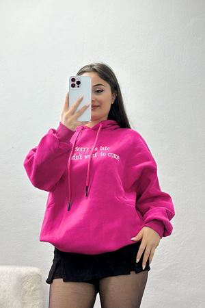 3 İplik Kapşonlu Nakışlı Sweat Fuşyabeyaz - 42226.1878.