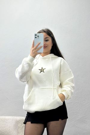 3 İplik Kanguru Cepli Kapşonlu Sweat Ekru - 42248.1878.