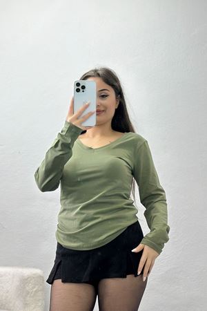 Ön Arka V Yaka Likralı Kompak Body Haki - 90940.1878.