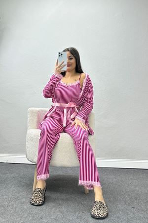 Süet 3'Lü Pijama Set Pembeçizgili - 798.1287.