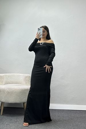 Toka Detay Dalgıç Madonna Yaka Elbise Siyah - 42548.1748.