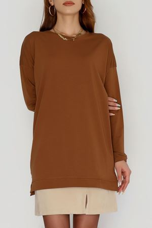 Yanı Yırtmaç Detaylı Kompak Likralı Tunik Kahve - 90933.1878.