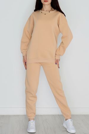 3 İplik Bisiklet Yaka Eşofman Takımı Bej - 20779.1878.