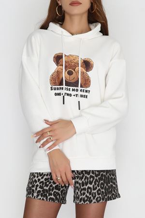 3 İplik Kapşonlu Baskılı Sweat Ekru - 42220.1878.