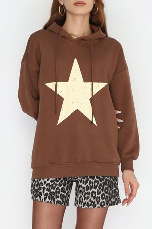 3 İplik Kapşonlu Baskılı Sweat Kahvebej - 42225.1878.