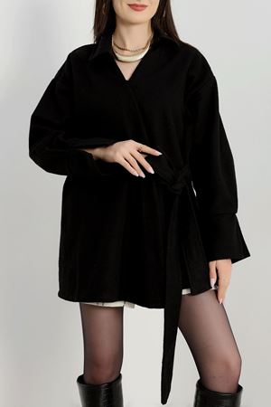 Bağlamalı Kruvaze Yaka Kaşe Gömlek Siyah - 70993.1775.