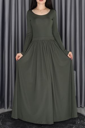 Loch Bel Büzgülü Sırt Fiyonklu Elbise Haki - 2681.1997.