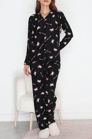 Süet Düğmeli Pijama Takımı Siyah - 450.1287.