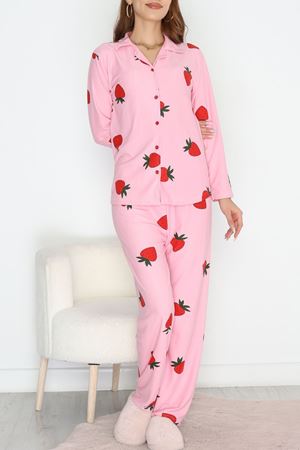 Süet Düğmeli Pijama Takımı Pembeçilek - 450.1287.