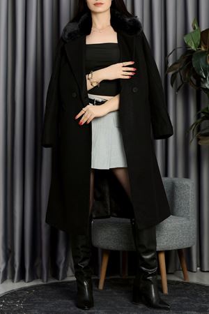 Ressam Yaka Kürklü Astarlı Uzun Kaban Siyah - 3158.1322.