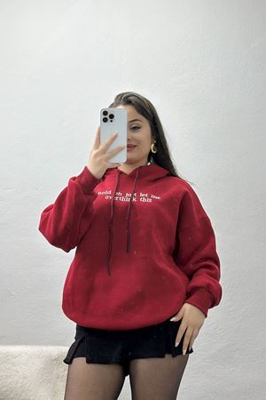 3 İplik Kapşonlu Nakışlı Sweat Bordobeyaz - 42221.1878.