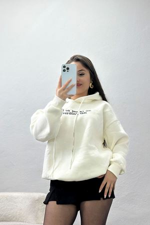 3 İplik Kapşonlu Nakışlı Sweat Beyazsiyah - 42221.1878.