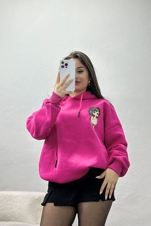 3 İplik Kapşonlu Baskılı Sweat Fuşya - 42222.1878.