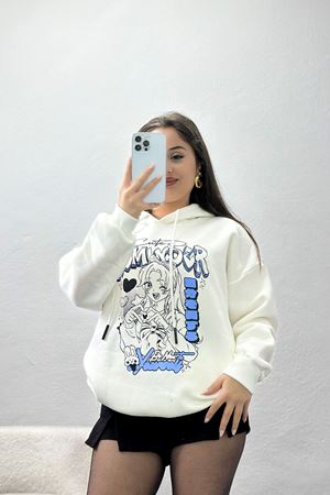 3 İplik Kapşonlu Baskılı Sweat Ekru - 42224.1878.