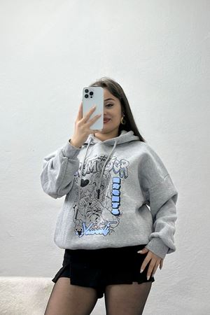 3 İplik Kapşonlu Baskılı Sweat Gri - 42224.1878.