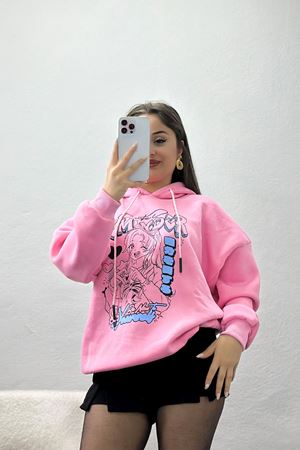 3 İplik Kapşonlu Baskılı Sweat Pembe - 42224.1878.