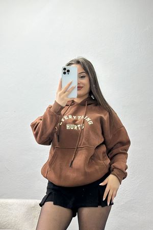 3 İplik Kanguru Cepli Kapşonlu Sweat Kahvebej - 42253.1878.