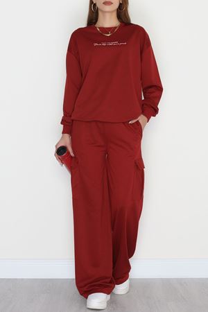 Biyeli Baskılı 2 İplik Eşofman Takımı Bordo - 50791.1857.