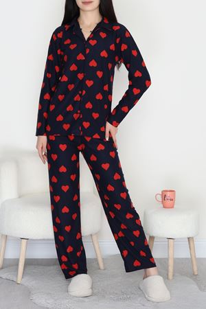 Süet Düğmeli Pijama Takımı Lacikırmızı1 - 450.1287.