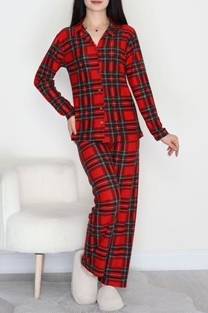 Düğmeli Süet Pijama Takımı Kırmızıyeşil - 450.1287.