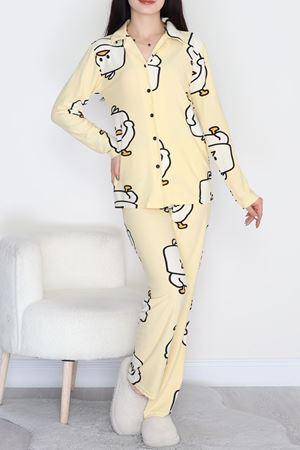 Düğmeli Süet Pijama Takımı Sarıördek - 450.1287.