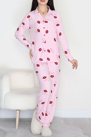 Düğmeli Süet Pijama Takımı Pembedudak - 450.1287.