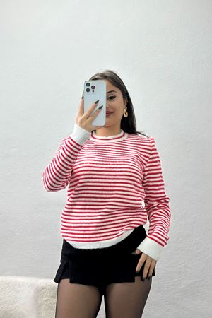 Çizgili Crop Triko Kırmızı - 2357.1765.