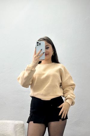 Bisiklet Yaka 3 İplik Sweat Bej - 20958.1878.