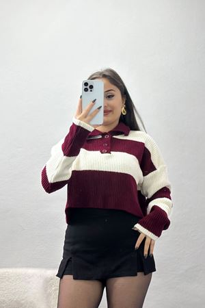 Şardonlu Düğmeli Triko Bordo - 31066.1766.