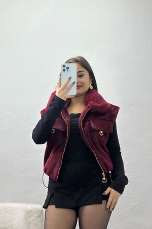 Ressam Yaka Kürklü Stoperli Yelek Bordo - 31770.1322.