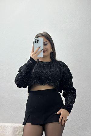 Bisiklet Yaka Örgü Desen Triko Siyah - 70800.1765.