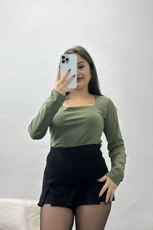 U Yaka Kompak Likralı Body Haki - 90934.1878.