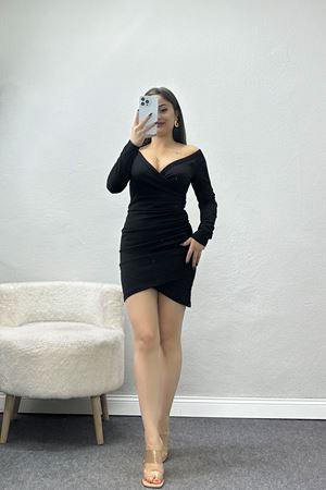 V Yaka İthal Krep Elbise Siyah - 582288.1592.