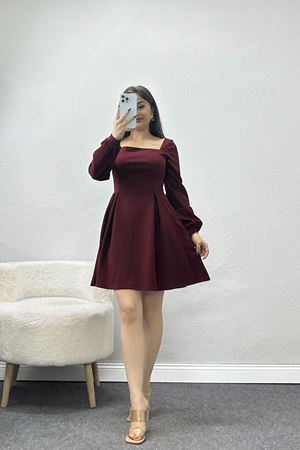 Kare Yaka Kloş İthal Krep Elbise Bordo - 582683.1592.