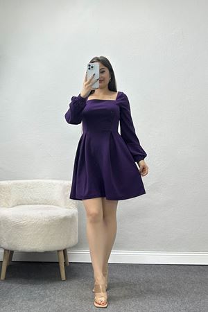 Kare Yaka Kloş İthal Krep Elbise Mor - 582683.1592.