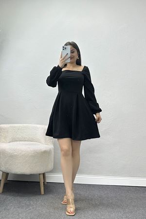 Kare Yaka Kloş İthal Krep Elbise Siyah - 582683.1592.