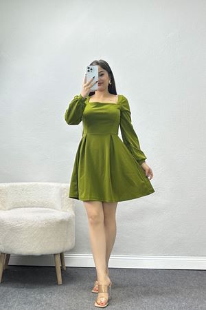 Kare Yaka Kloş İthal Krep Elbise Yağyeşili - 582683.1592.