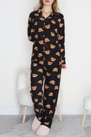 Düğmeli Süet Pijama Takımı Siyahayı - 450.1287.