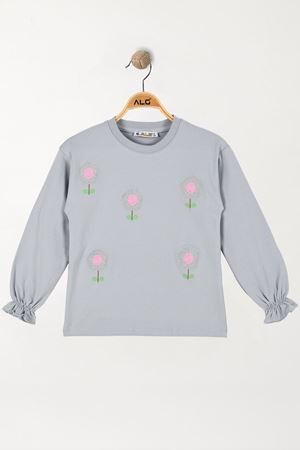 6-9 Yaş Kız Çocuk Çiçek Nakışlı Sweat Gri - 6264158.1576.
