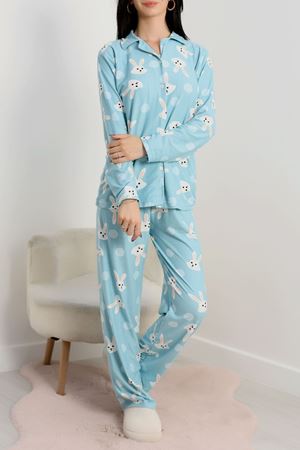 Düğmeli Süet Pijama Takımı Yeşiltavşan - 450.1287.