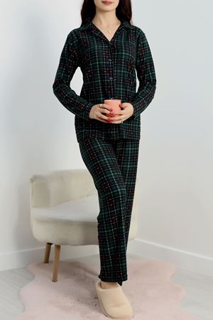 Düğmeli Süet Pijama Takımı Yeşilekose - 450.1287.