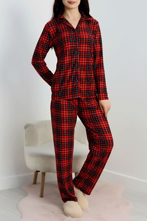 Düğmeli Süet Pijama Takımı Kırmızıçizgili - 450.1287.