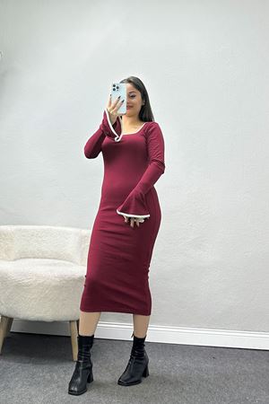 Kare Yaka İspanyol Kol Kaşkorse Elbise Bordo - 42283.1748.