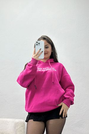 3 İplik Kapşonlu Nakışlı Sweat Fuşyabeyaz - 42231.1878.