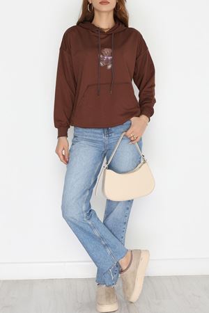 2 İplik Kapşonlu Baskılı Sweatshirt Acıkahve - 31317.1878.