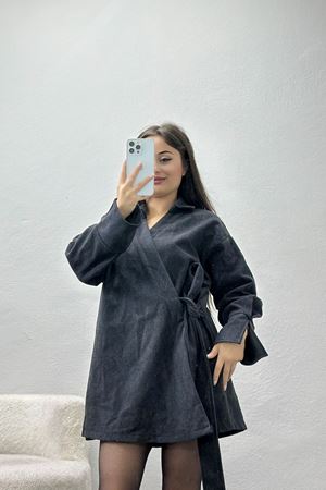 Bağlamalı Kruvaze Yaka Kaşe Gömlek Füme - 70993.1775.