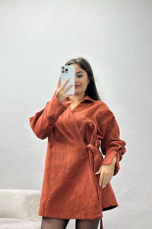 Bağlamalı Kruvaze Yaka Kaşe Gömlek Tarçın - 70993.1775.