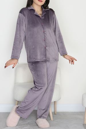 Büyük Beden Likralı Fransız Kadife Pijama Takımı Füme - 42067.1049.