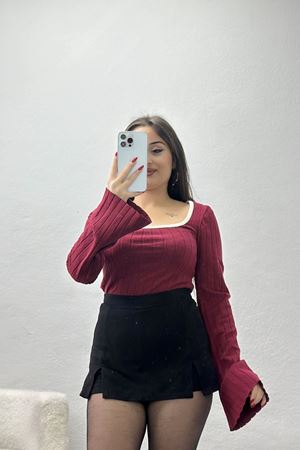 U Yaka İspanyol Kol Likralı Raporlu İnterlok Fitilli Body Bordo - 90966.1748.